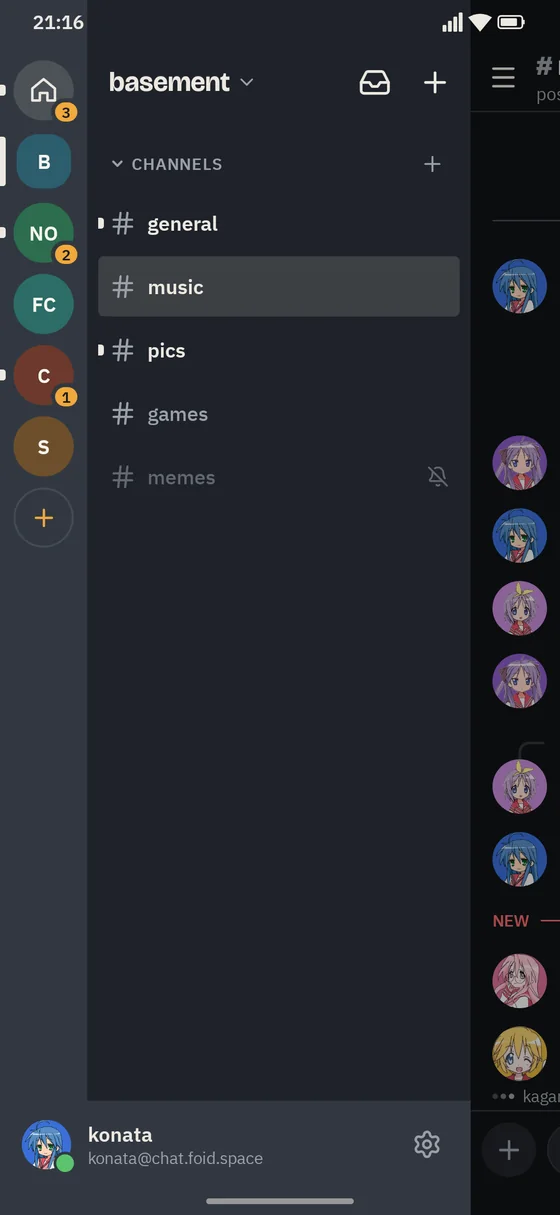 Chord on Android: the space rail and channel list in the side drawer
