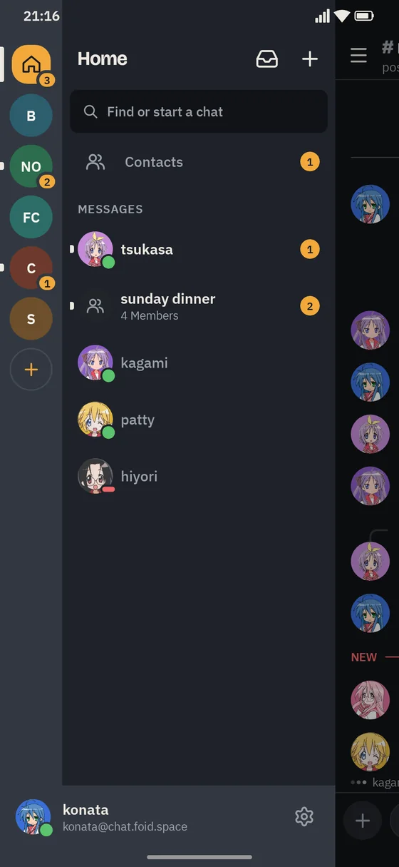 Chord on Android: Home with direct messages, a group chat, and contacts
