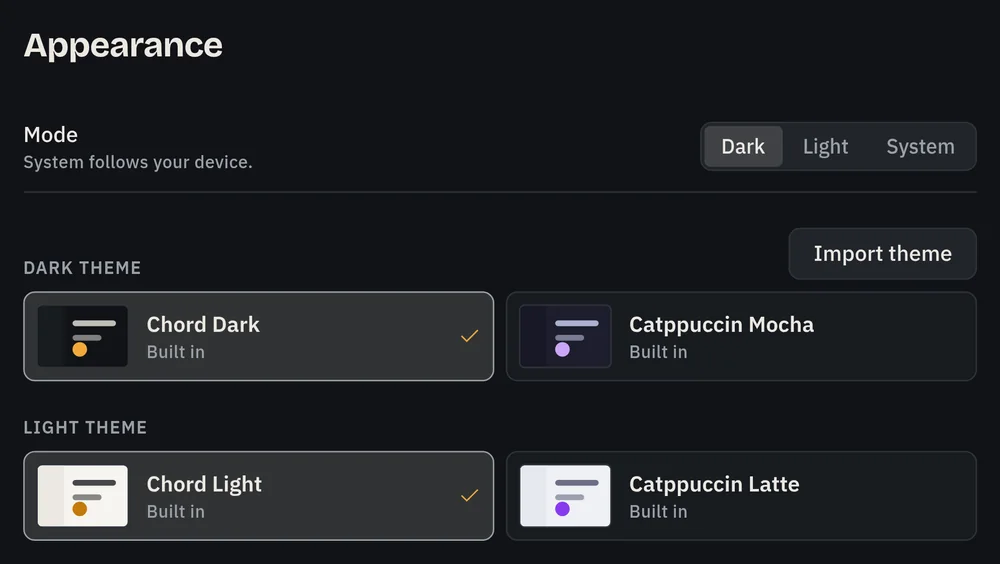 Chord's Appearance settings: a Dark, Light, or System mode switch, and the built-in themes Chord Dark, Catppuccin Mocha, Chord Light, and Catppuccin Latte