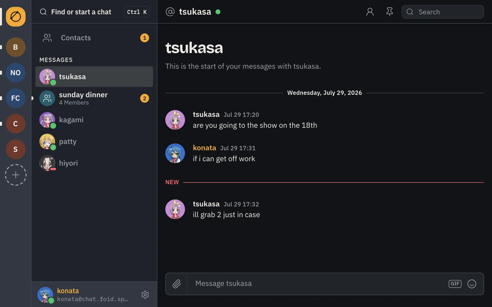 Chord's Home: direct messages and a group chat, with unread counts