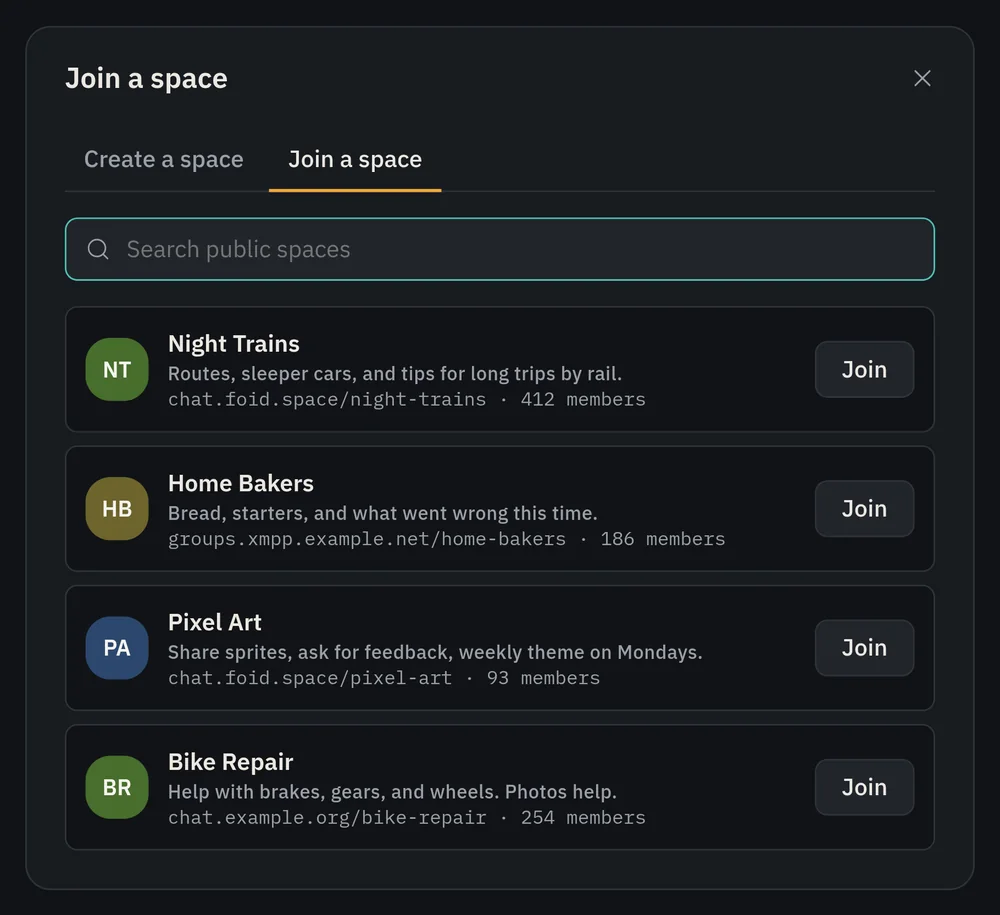 The Join a space dialog: a search box and a list of public spaces with their server, member count, and a Join button