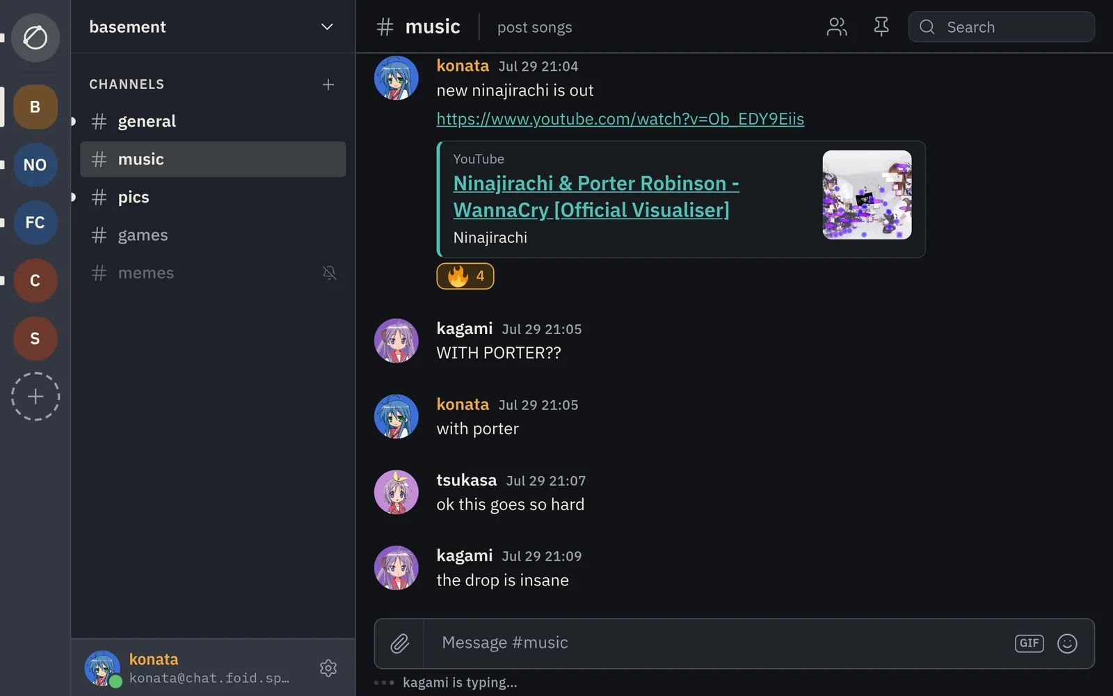 Chord on the desktop: the basement space with its channels, and a friend group talking about a new song in the music channel, with a link preview and a fire reaction