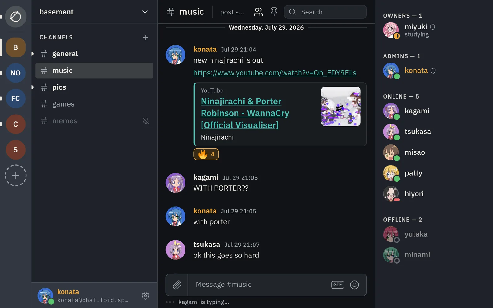 A channel with the member list open, showing owners, admins, and who is online or offline